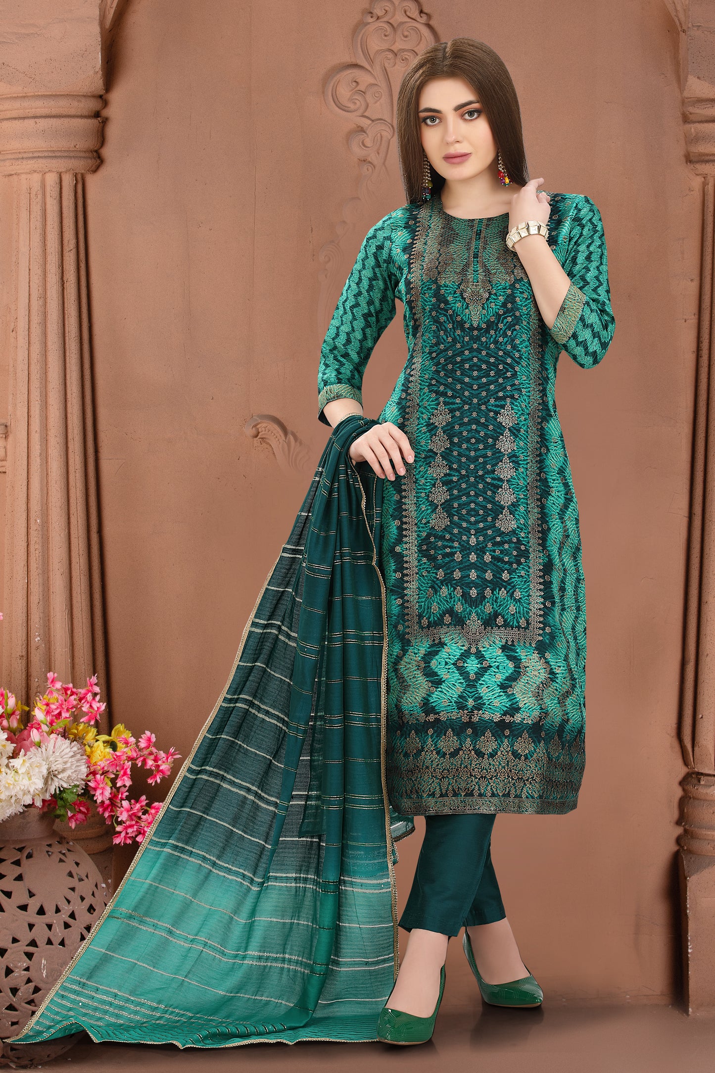 Green  Shibori Jacquard Suit Set