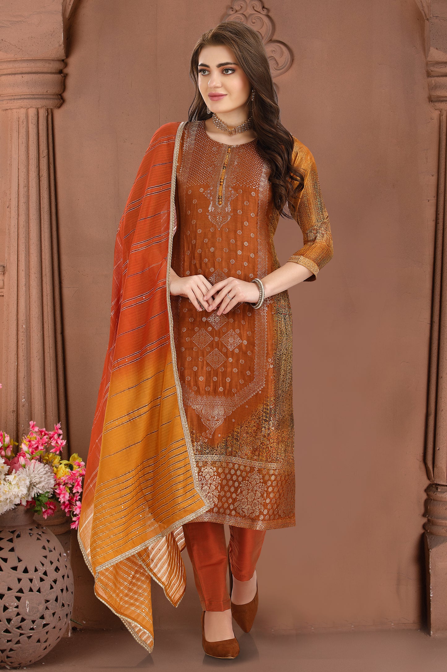 Mustard Abstract Jacquard Suit Set