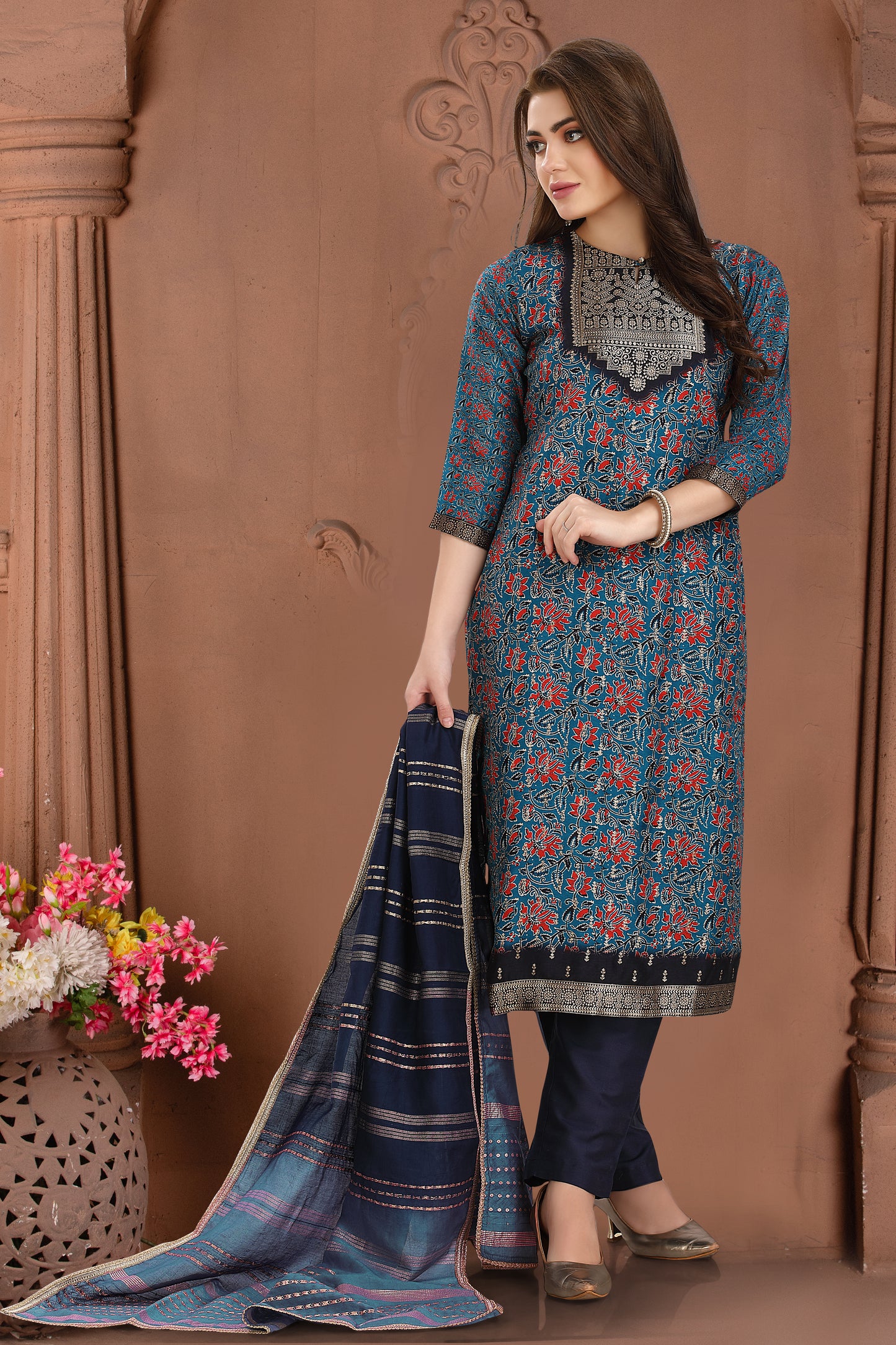 Blue Kalamkaari Jacquard Suit set