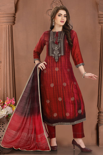 Maroon Bandhani Jacquard Suit Set