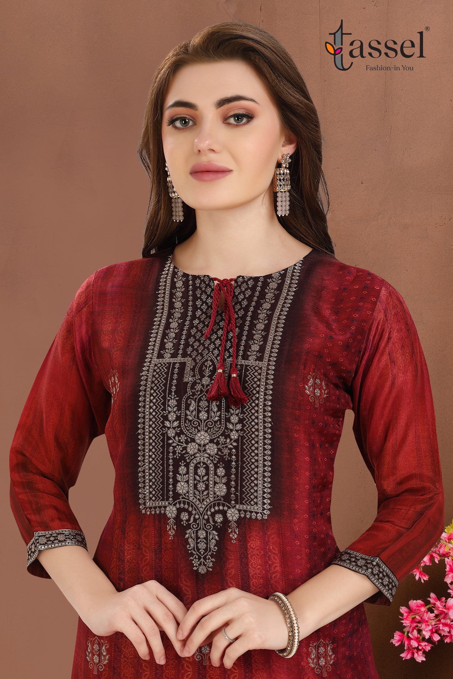 Maroon Bandhani Jacquard Suit Set