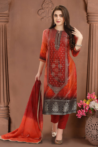 Rust Bandhani Jacquard Suit set