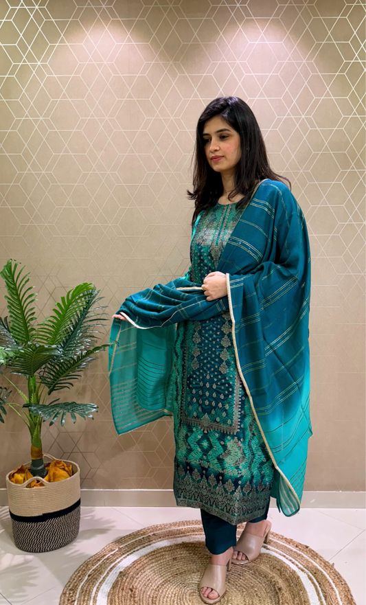 Green  Shibori Jacquard Suit Set