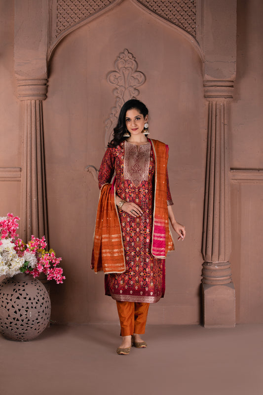 Rani pink Patola Jacquard Suit Set