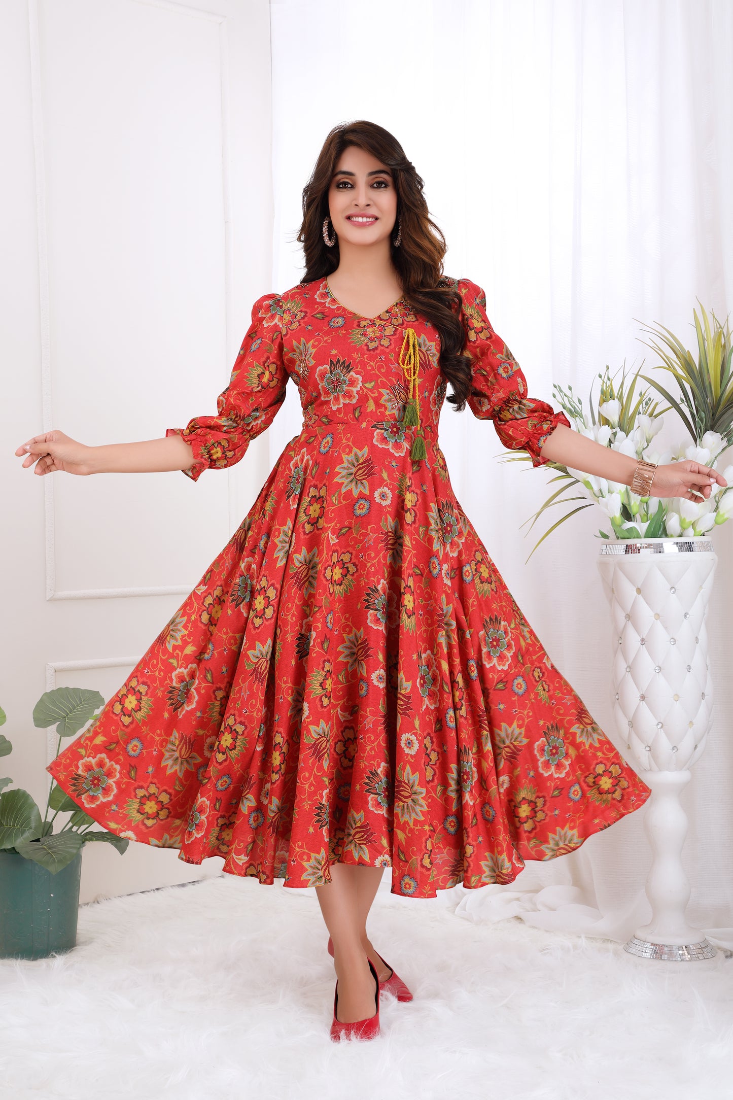 Red Anarkali Midi Dress