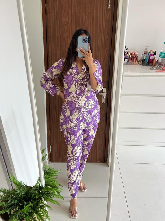 Tropical Violet leaf Print Coord Set