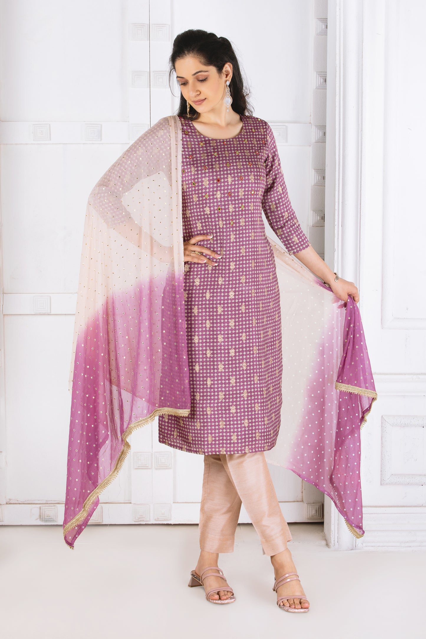 Tara Purple Silk Jacquard Suit Set